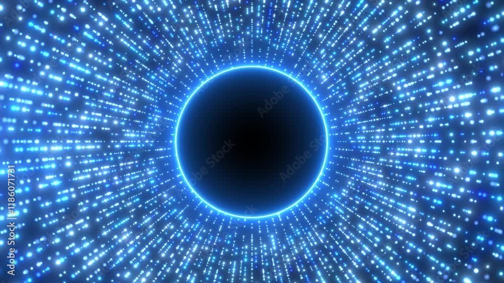 Digital futuristic tunnel or travel through time and space at high speed by moving bright neon lines of particles and bright dots. High technology corridor, warp speed, wormhole