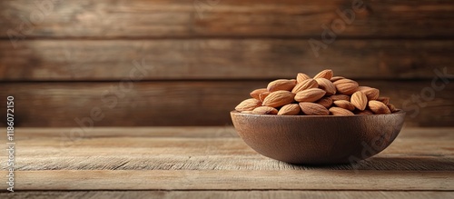 Almonds in a bowl on a wood...