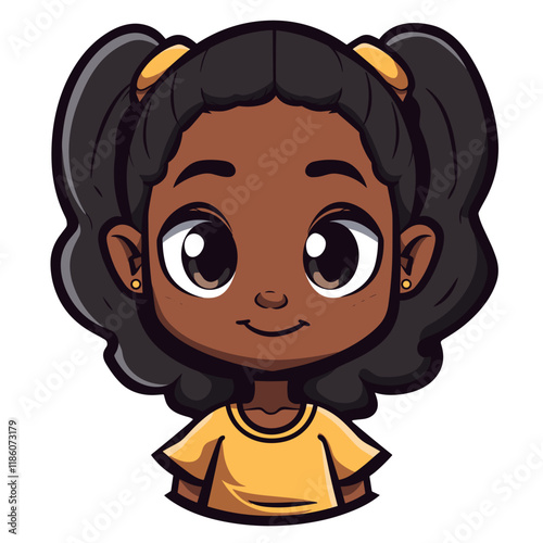 Cute African American girl with curly hair on white background illustration.