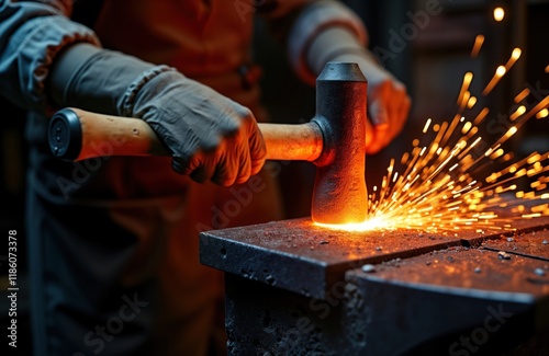 Blacksmith strikes red-hot metal with hammer. Glowing sparks fly. Traditional craft work in forge. Skilled worker shapes metal using manual tools. Industrial manufacturing process. Man works in photo