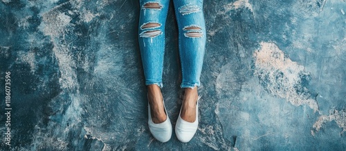 Legs in torn denim jeans on...