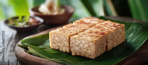 tempe mentah uncooked tempeh raw soybean cake on a banana leaf. with copy space image. Place for adding text or design photo