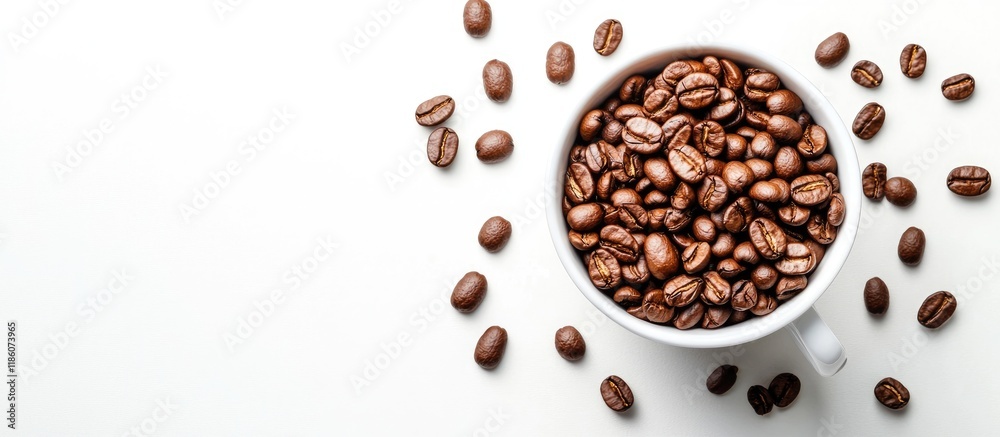 Obraz premium Roasted coffee beans in a cup against a white background top view. with copy space image. Place for adding text or design