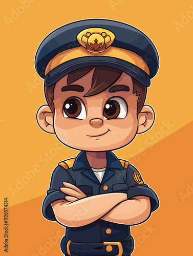 Cute boy in police uniform on orange background. Vector illustration.