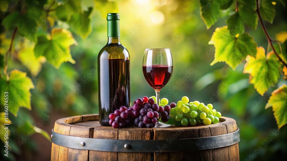 Fototapeta premium A richly colored bottle of red wine sits atop a sturdy glass