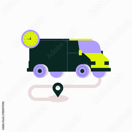 Delivery Van With Location Pin And Clock In Flat Vector Illustration Symbolizing Logistics, Delivery Time, And Shipping, Isolated On White Background