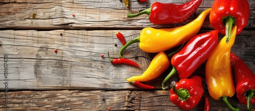 vibrant peppers on a wooden...