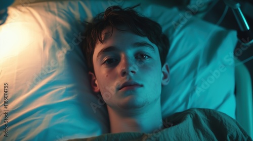 A Close up of a Young Man Laying in a Hospital Bed - Generative AI