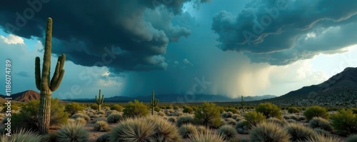 Dark monsoon thunderhead cloud looming above the desert landscape, Saguaro Cactus, Heavy Rain, Weather