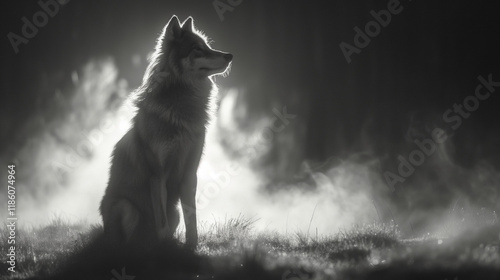 Majestic Wolf Silhouette in Misty Dawn: A Monochromatic Wildlife Study photo