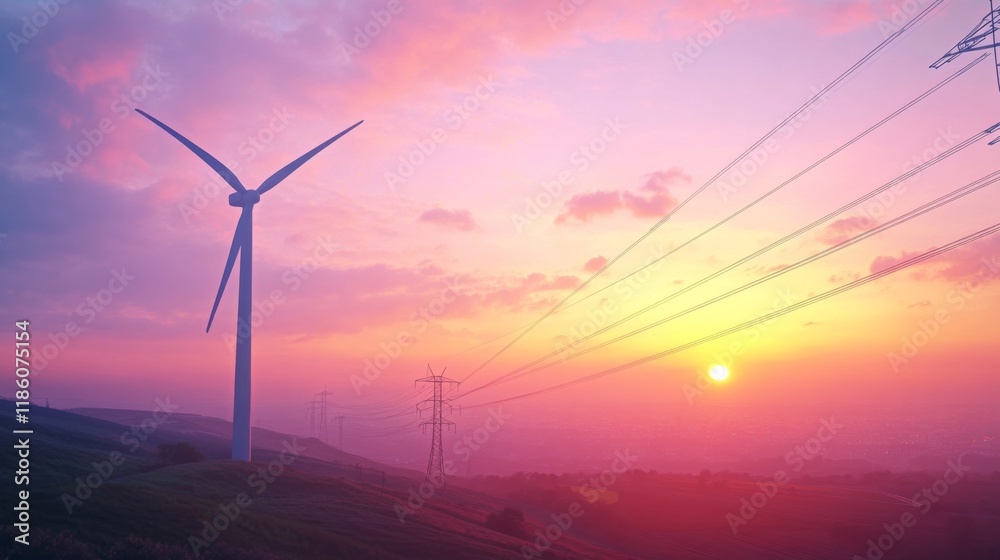 Fototapeta premium A beautiful sunset silhouettes a wind turbine against the sky. Renewable energy transforms landscapes. Nature meets technology in harmony. Generative AI