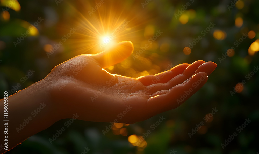 Hand holding sunset light, nature bokeh Hand holding sunset light, nature bokeh
