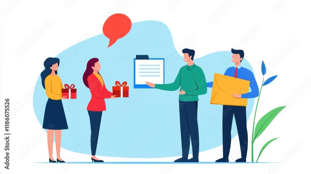 Customer service builds trust with clear communication. People exchanging gifts and discussing ideas in a lively, colorful setting. Customer service builds trust with clear communication. People exchanging gifts and discussing ideas in a lively, colorful setting.