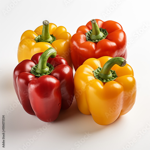 Four pieces of bell peppers, in red, yellow, green, and orange colors, on a white background. photo