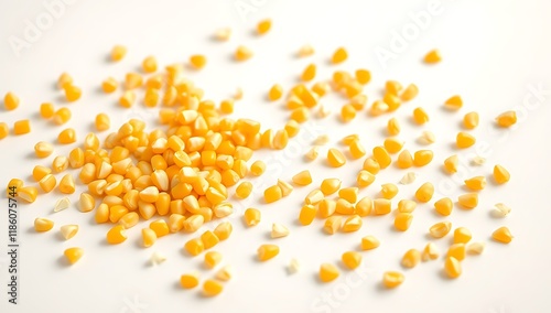 Scattered yellow corn kernels on white. (1) photo