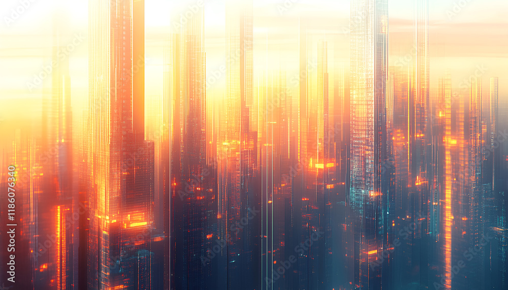 Fototapeta premium Futuristic cityscape with glowing lights at dusk