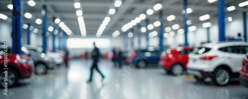 Wallpaper Mural Auto repair workshop interior. People walk around cars. Maintenance center. Cars parked inside facility. Blurred panoramic view. Modern garage. Industrial setting. Work in progress. Business Torontodigital.ca