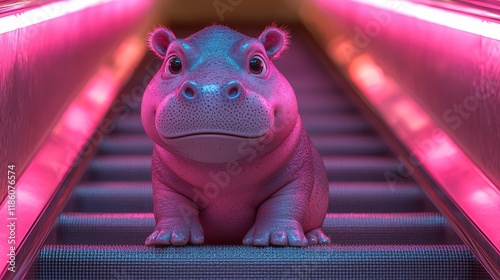 A playful hippo in neon lights discovering the whimsical world of animated characters in a vibrant setting photo