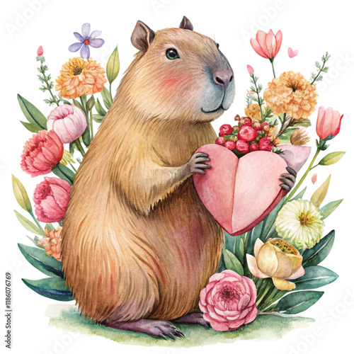 Capybara Valentine Day Clipart Watercolor