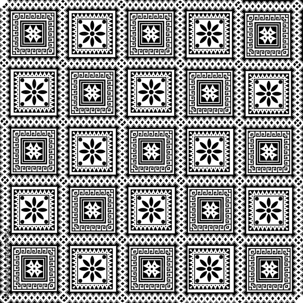Fototapeta premium American ethnic fabric pattern features a striking geometric design, blending a variety of black and white tones to create an ethnic stunning piece. The pattern is inspired by ethnic tribal art to fab