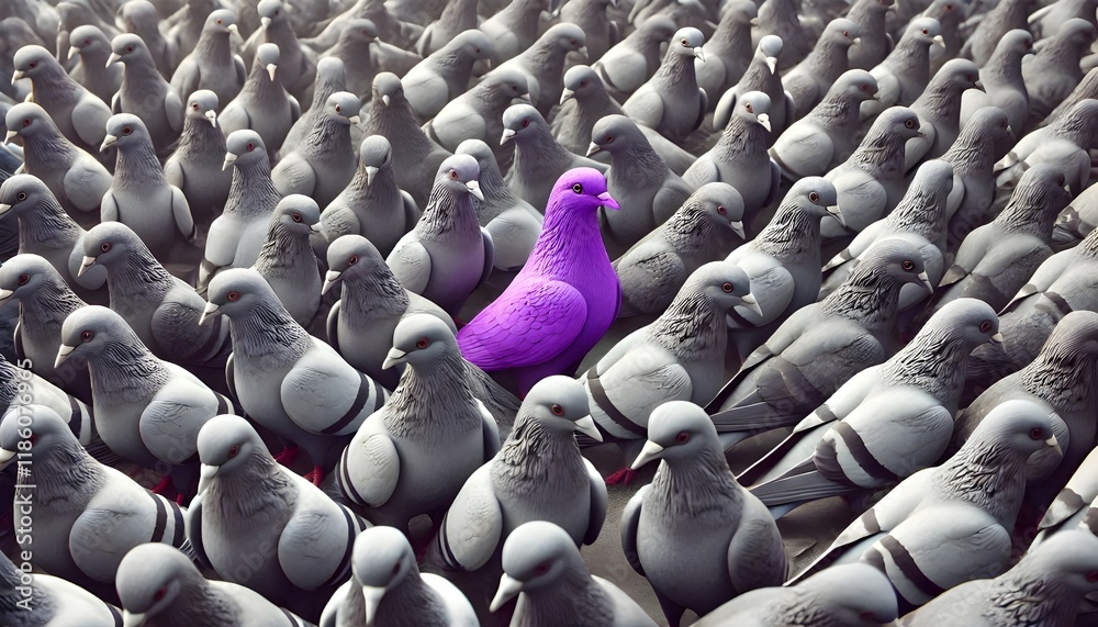 Fototapeta premium A purple pigeon alone among a crowd of grey pigeons, concept of standing out from the crowd as a leader, of being different and unique with its own identity and special skills among the others
