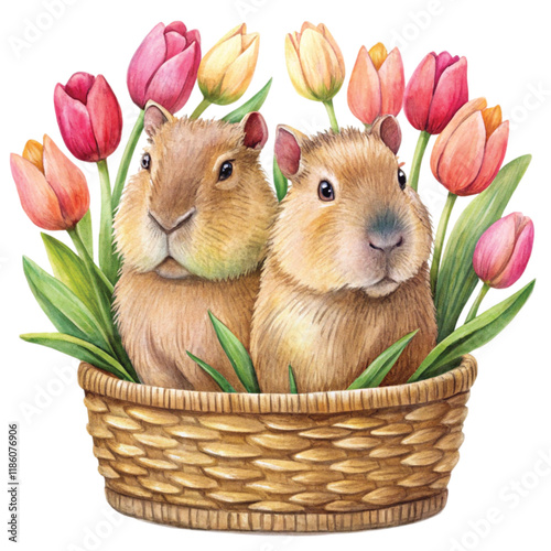 Two capybaras sit in a basket of tulips. Valentine Day Clipart Watercolor