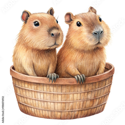 Two capybaras sit in a bathtub.  Clipart Watercolor