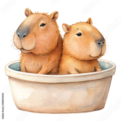 Two capybaras sit in a bathtub.  Clipart Watercolor