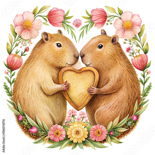 Two capybaras showing their love. Valentine Day Clipart Watercolor