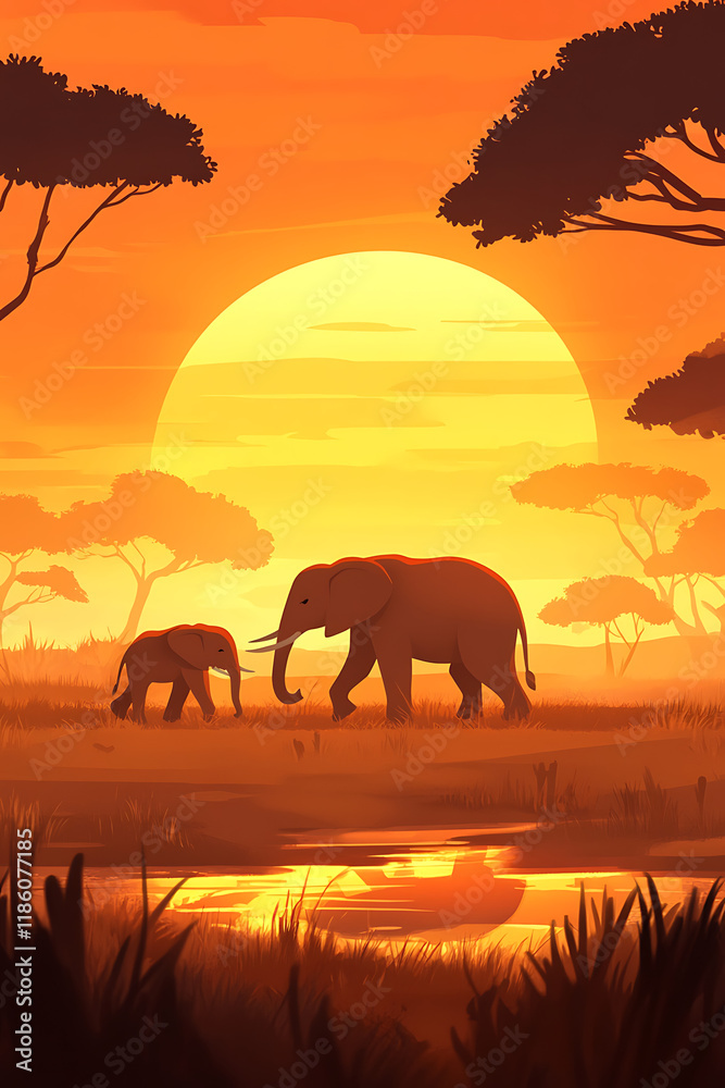 Fototapeta premium A serene sunset scene featuring an elephant and its calf walking near a water body.