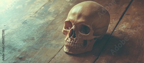 Human skull on wooden table with copyspace Vintage Filter photo