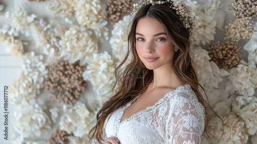 Bride posing against a floral backdrop.