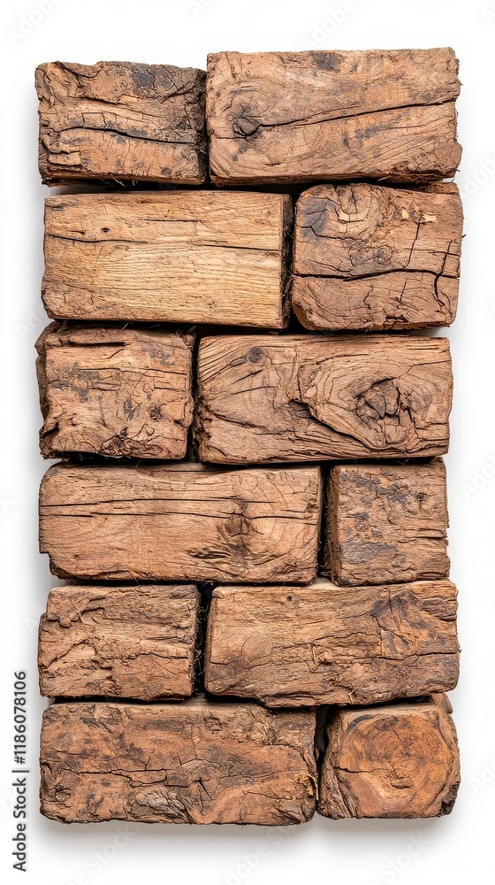 Obraz premium A photostock of natural wooden planks with aged textures, stacked symmetrically, isolated on a clean white background, rustic and detailed, High Quality