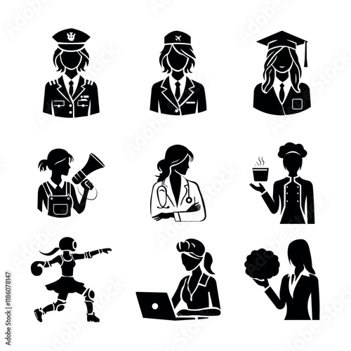 Women Diverse Professions Icons Black Silhouette Bandel photo