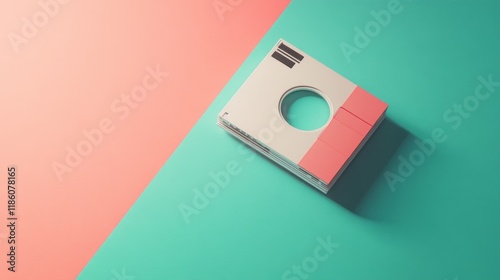 Retro floppy disk floating design, soft pastel mint and coral colors, minimalist tech nostalgia, clean shadow casting, smooth plastic texture, centered composition, vintage storage device, matte