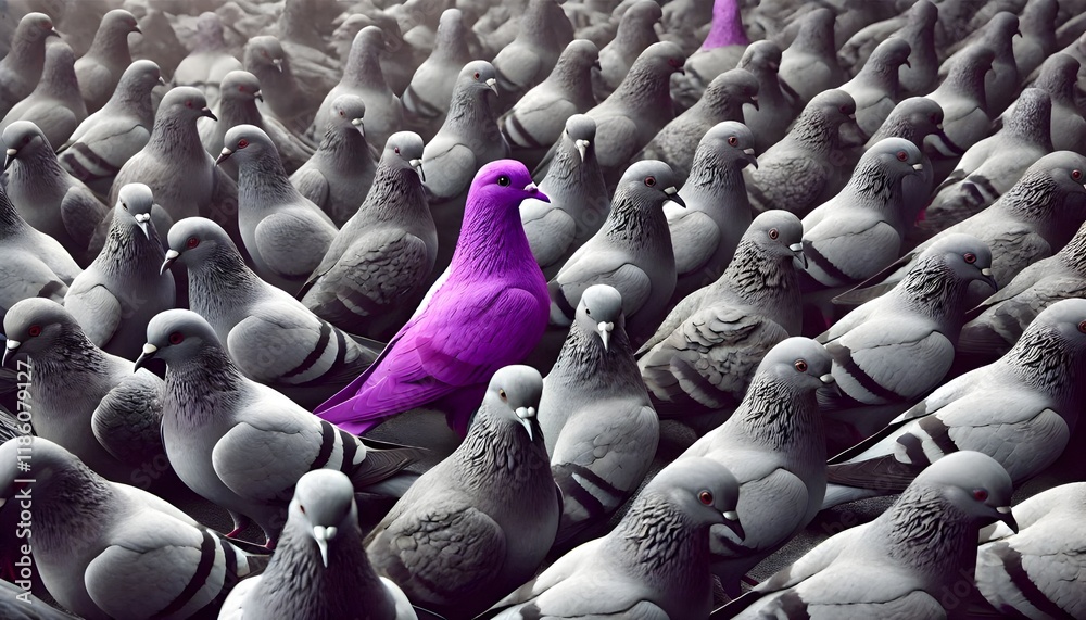 Obraz premium A purple pigeon alone among a crowd of grey pigeons, concept of standing out from the crowd as a leader, of being different and unique with its own identity and special skills among the others