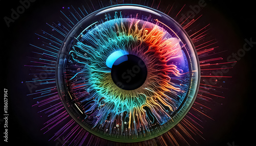 colorful glowing neon human eye, dark background
