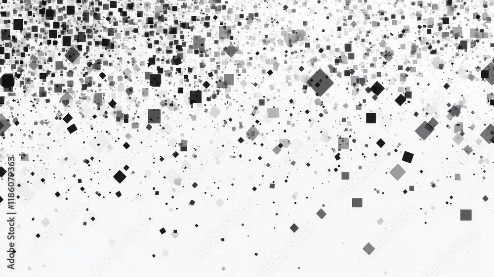 Abstract pixel decomposition, descending geometric elements, monochromatic gradient scatter, floating digital fragments, minimalist mosaic breakdown, dynamic square particles, grayscale cascade Abstract pixel decomposition, descending geometric elements, monochromatic gradient scatter, floating digital fragments, minimalist mosaic breakdown, dynamic square particles, grayscale cascade