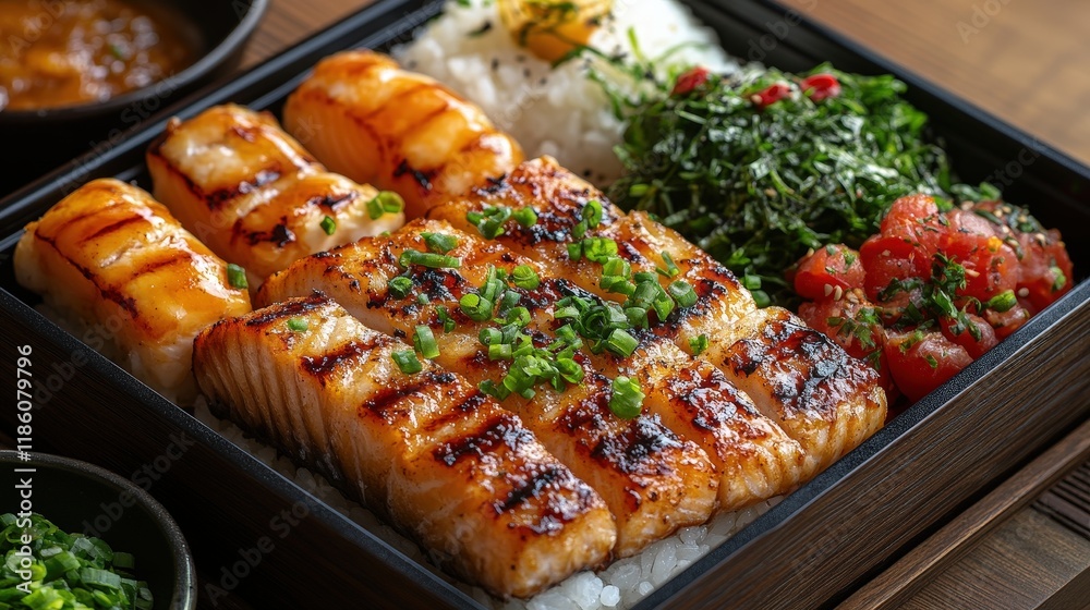 Delicious Japanese Bento Box Featuring Grilled Salmon, Fresh Vegetables, Rice, and Colorful Garnishes for a Healthy Meal Delicious Japanese Bento Box Featuring Grilled Salmon, Fresh Vegetables, Rice, and Colorful Garnishes for a Healthy Meal