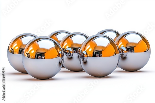 A photostock of shiny chrome spheres arranged in rows with visible reflections, isolated on a clean white background, sleek and industrial, High Quality photo