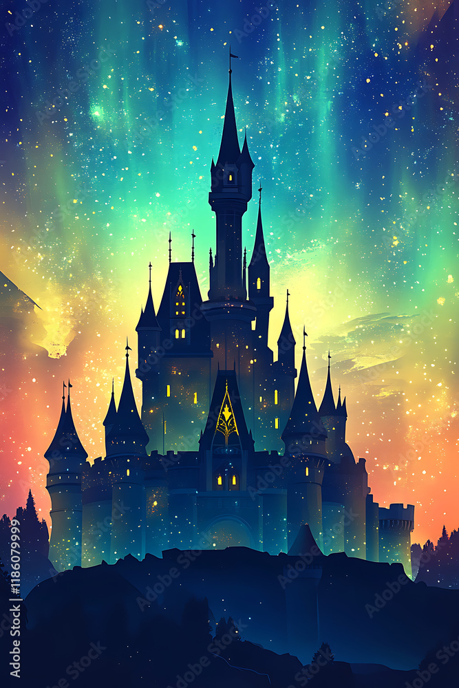 Fototapeta premium A mystical castle silhouette against a vibrant, starry aurora sky.