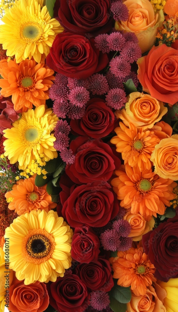 Fototapeta premium Vibrant Autumnal Floral Background, Textured Arrangement of Roses and Gerbera Daisies
