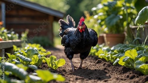 A black chicken walking freely in the vegetable garden on a sunny day photo