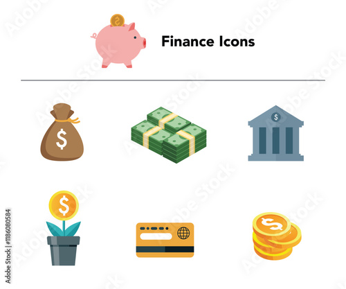  finance icons set with cash card and dollar sign isolated vector illustration