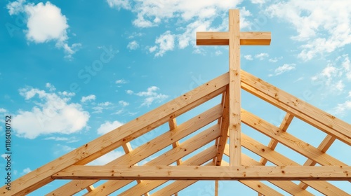 Wooden Cross Atop Church Under Construction Against Blue Sky