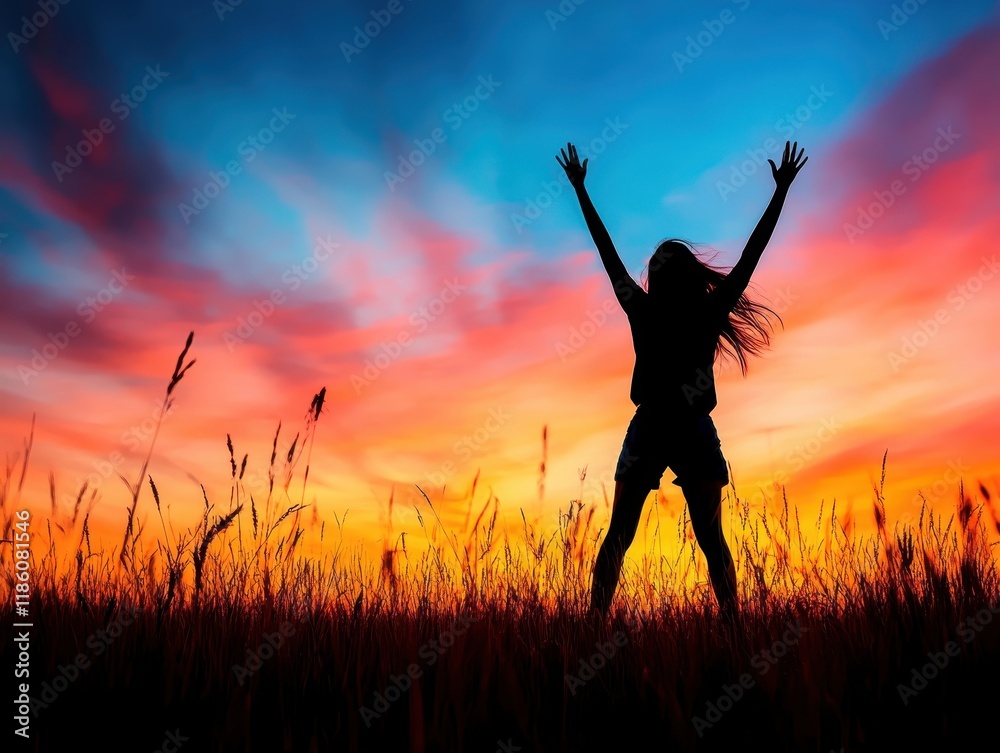 Silhouette of a woman with raised arms in a colorful sunset field. Silhouette of a woman with raised arms in a colorful sunset field.