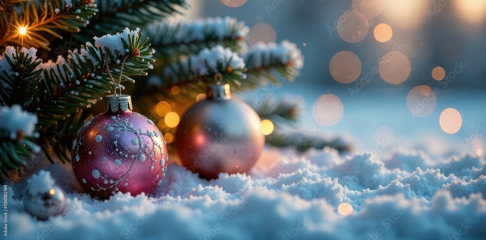 Obraz premium Icy glass ornaments and frosty flowers under twinkling Christmas tree lights, ornaments, frost