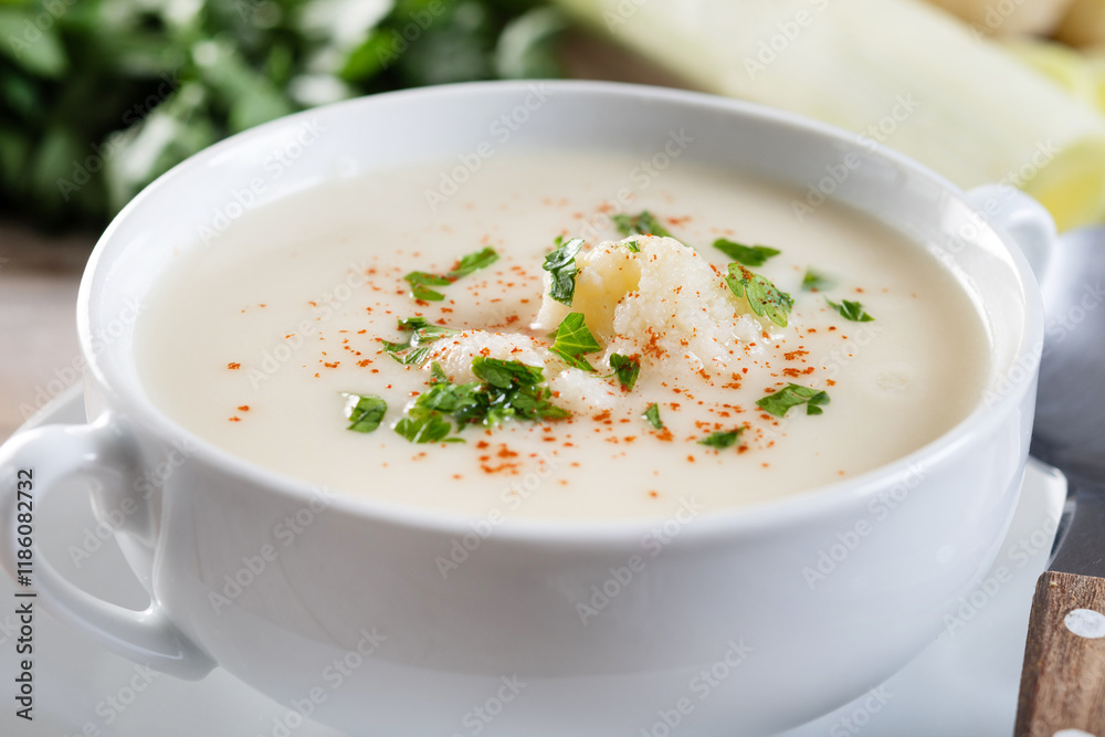 Cauliflower soup in bowl on wooden table. Close up Cauliflower soup in bowl on wooden table. Close up