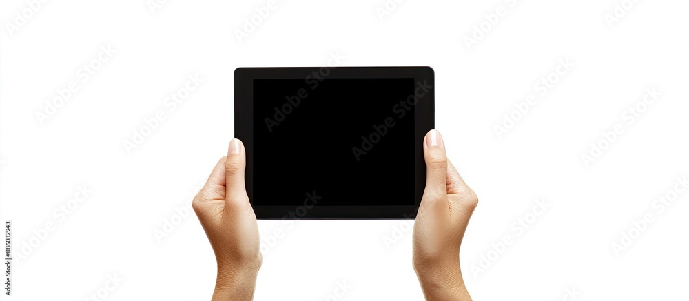 Hands holding a black tablet set against a white background Digital tablet in hand Hands grasping a tablet touch computer device with an isolated screen. with copy space image Hands holding a black tablet set against a white background Digital tablet in hand Hands grasping a tablet touch computer device with an isolated screen. with copy space image
