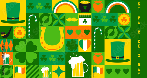 Banner for St. Patrick`s Day celebration with modern abstract geometric Bauhaus pattern. Vector illustration